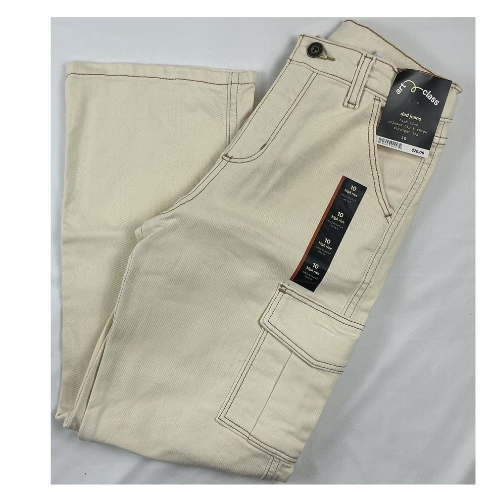 Art Class Girls Size 10 Dad Jeans Cargo Pants Cream High Rise NWT Adjustable